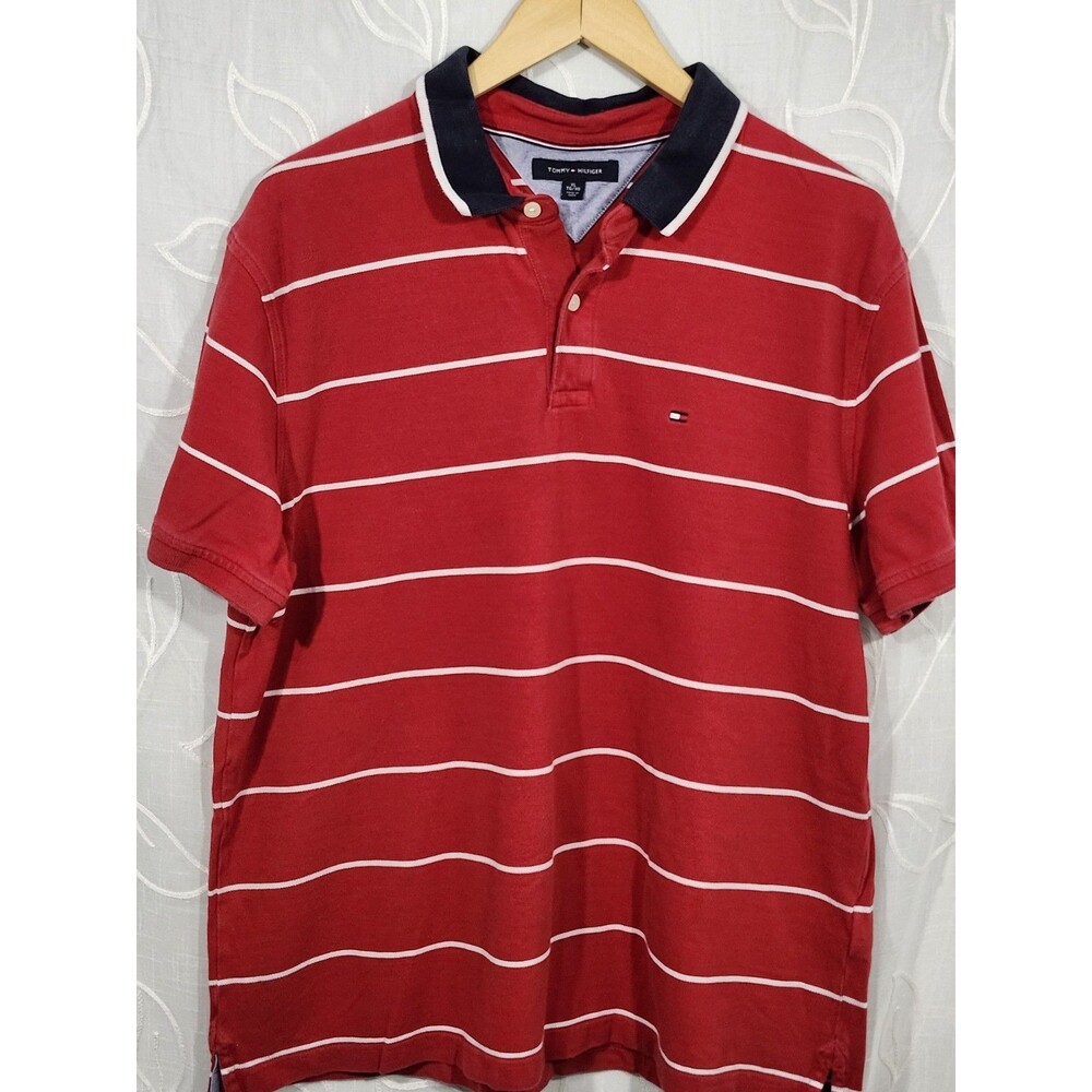 Tommy Hilfiger Polo Shirt Men's XL Regular Fit Red Stripe Cotton Casual Golf